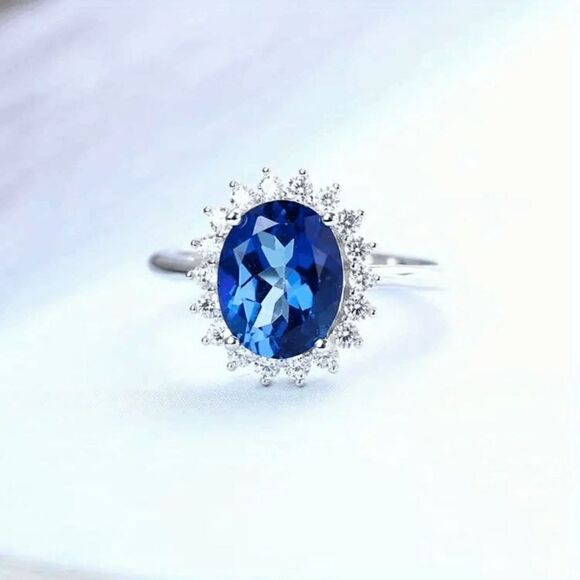 SAPPHIRE DIAMOND HALO WHITE GOLD RING - SIZE 7 - Picture 5 of 7